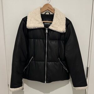 Levi Black faux leather Puffer Jacket with Cream Collar and sleeves